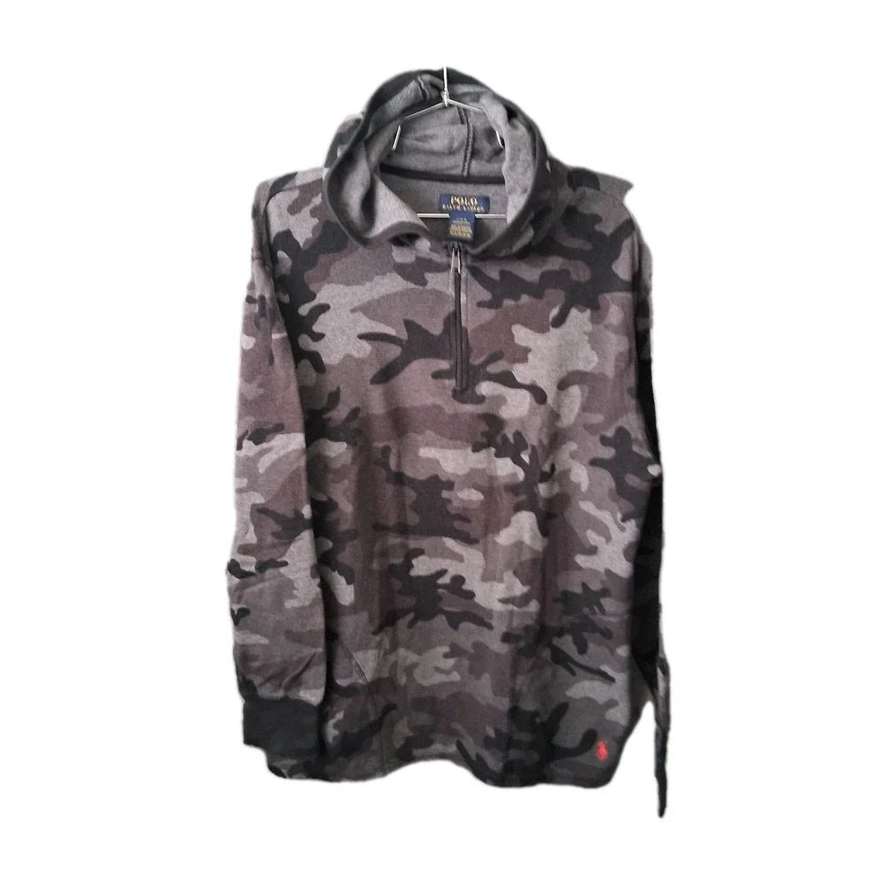 Polo Ralph Lauren Camo 1/4 Zip Hoodie Men's Large Black Blue Pullover